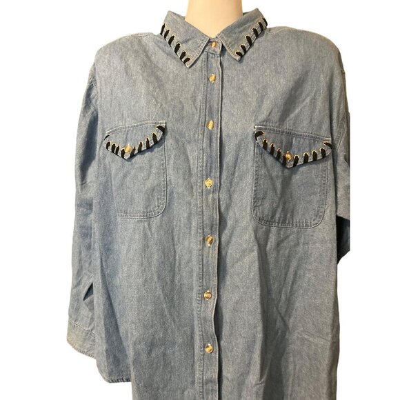 Vintage 80s Clodia Dee WhipStitch Denim Top LRG Long SLV Shoulder Pads Women NWT - Picture 4 of 11